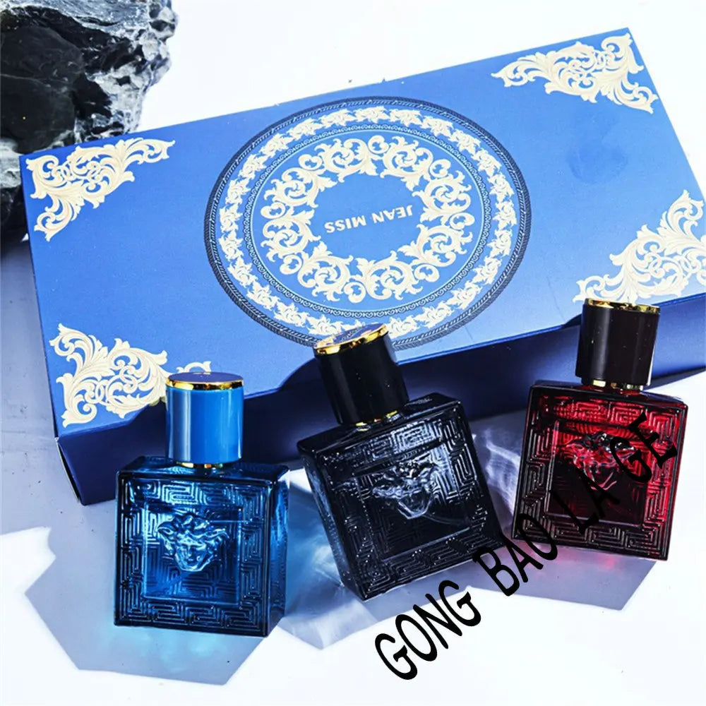 Lamp Post men's perfume gift box with three 90ml charming colognes, lasting fragrances designed to attract, original scents for men.