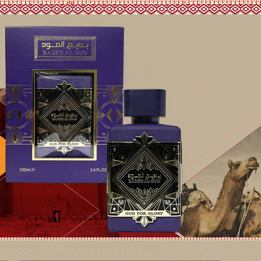 Arab-style women's perfume spray by Lamp Post, 100ml with floral scent, lasting fragrance, and pheromones, in purple packaging.