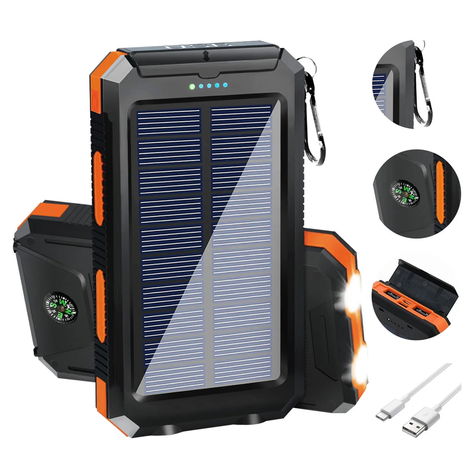 Lamp Post phone mount attached to 20000mAh solar power bank with dual USB ports and LED flashlight for outdoor camping and hiking.