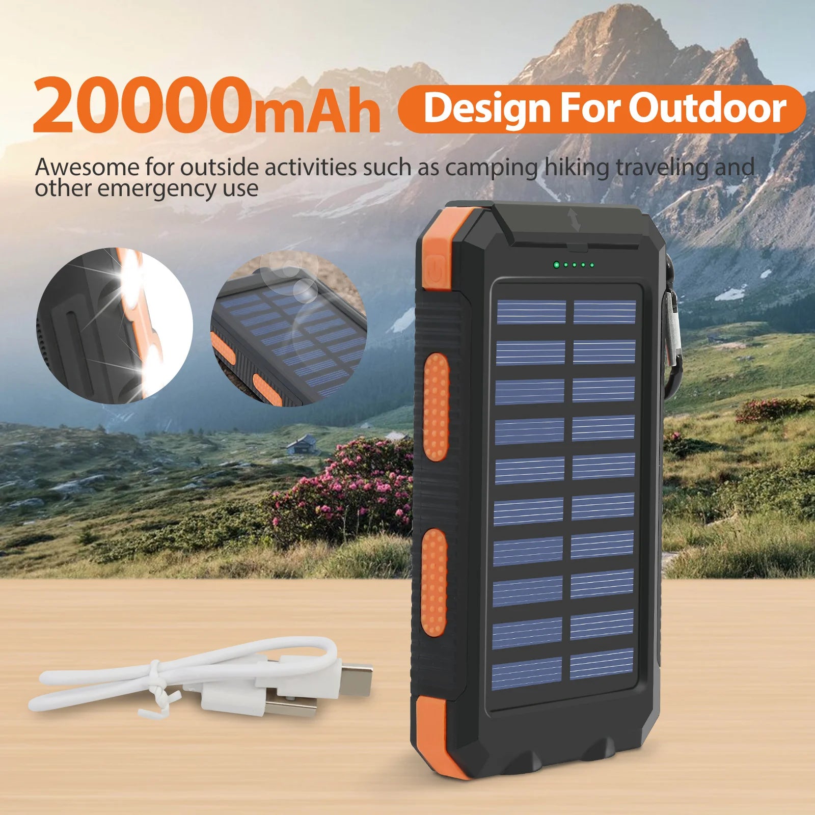 Lamp Post 20000mAh solar power bank with dual USB ports and LED flashlight mounted on a phone holder for outdoor use.