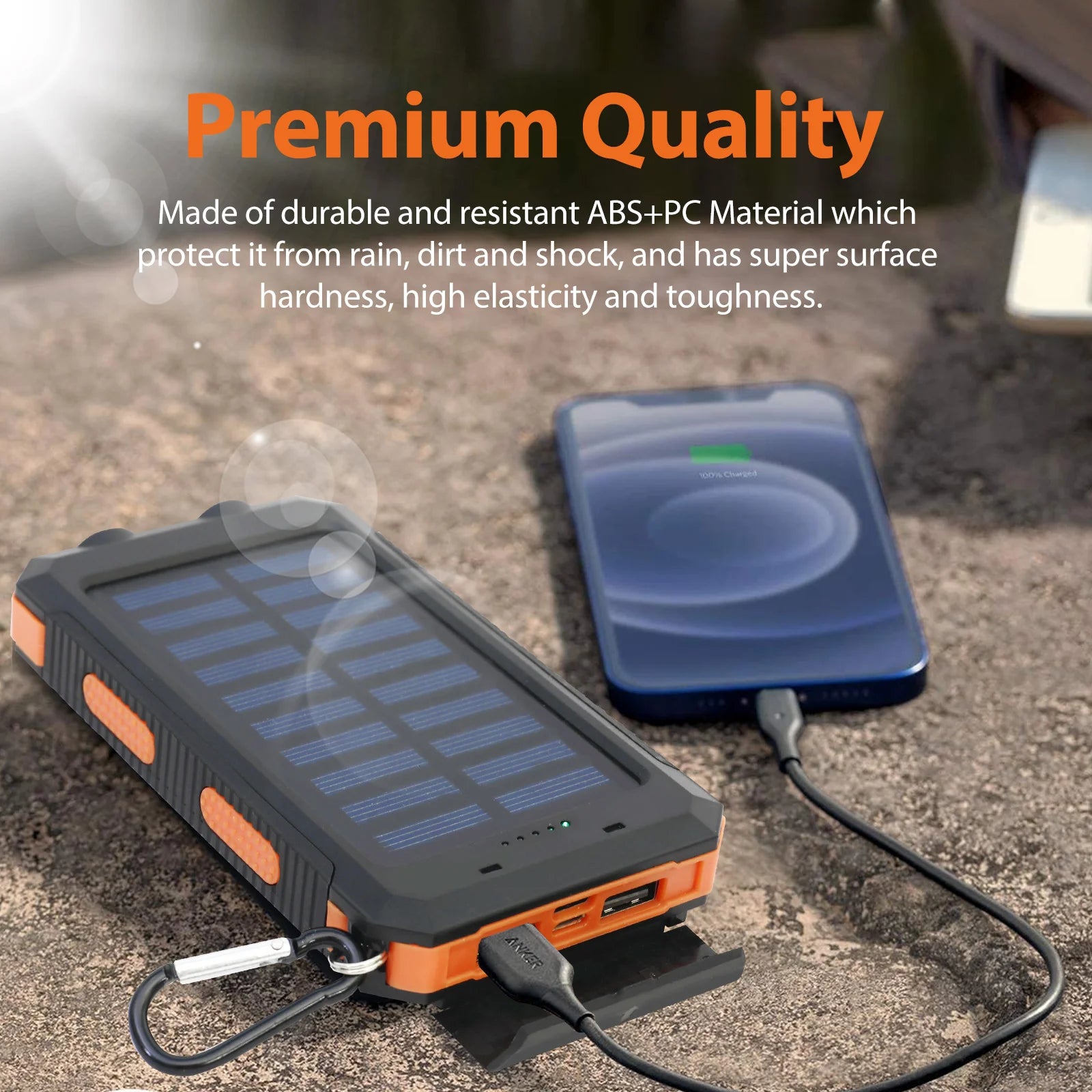 Lamp Post phone mount attached to 20000mAh solar power bank with dual USB ports and LED flashlight for outdoor use.