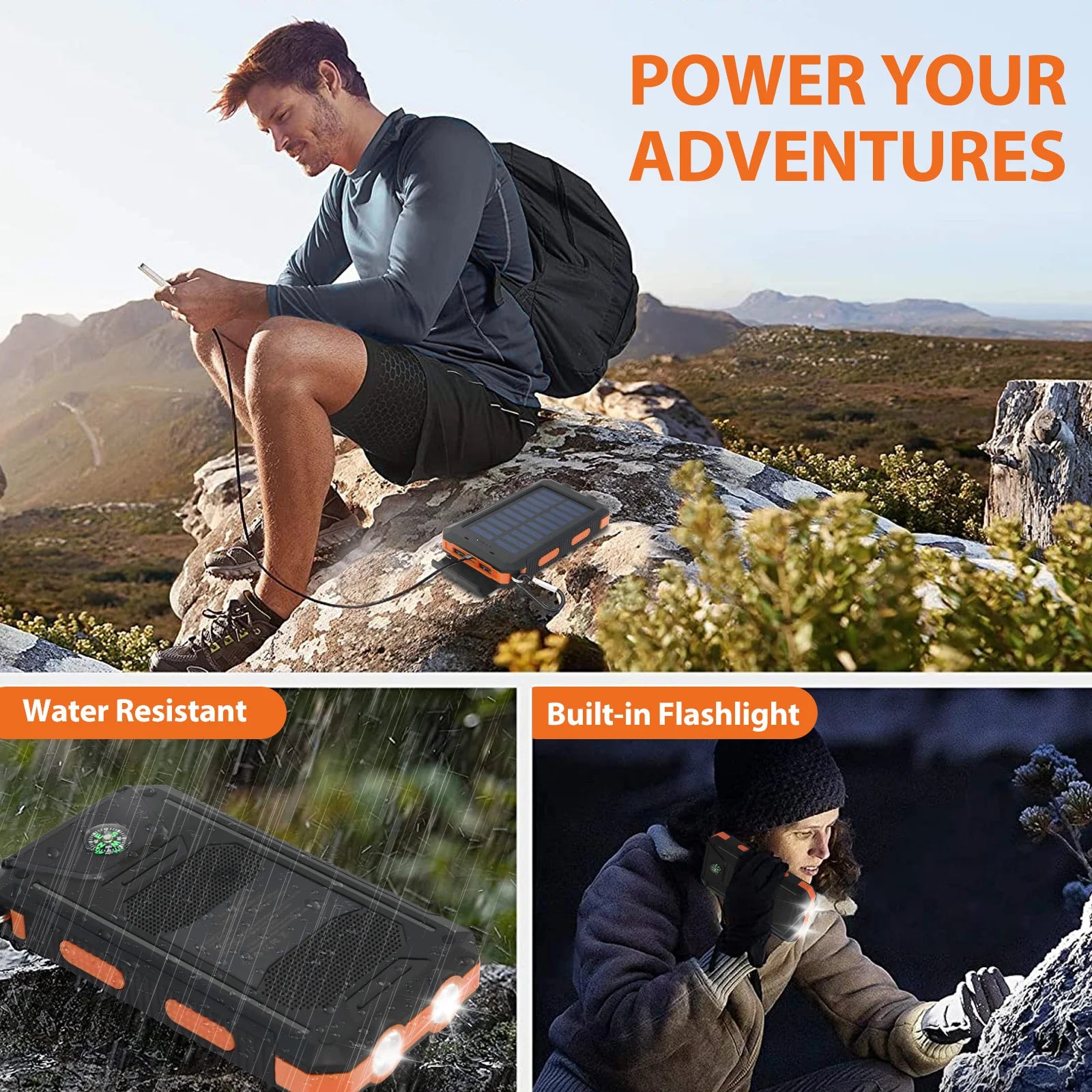 Lamp Post phone mount with 20000mAh solar power bank, dual USB ports, and LED flashlight for outdoor camping and hiking.