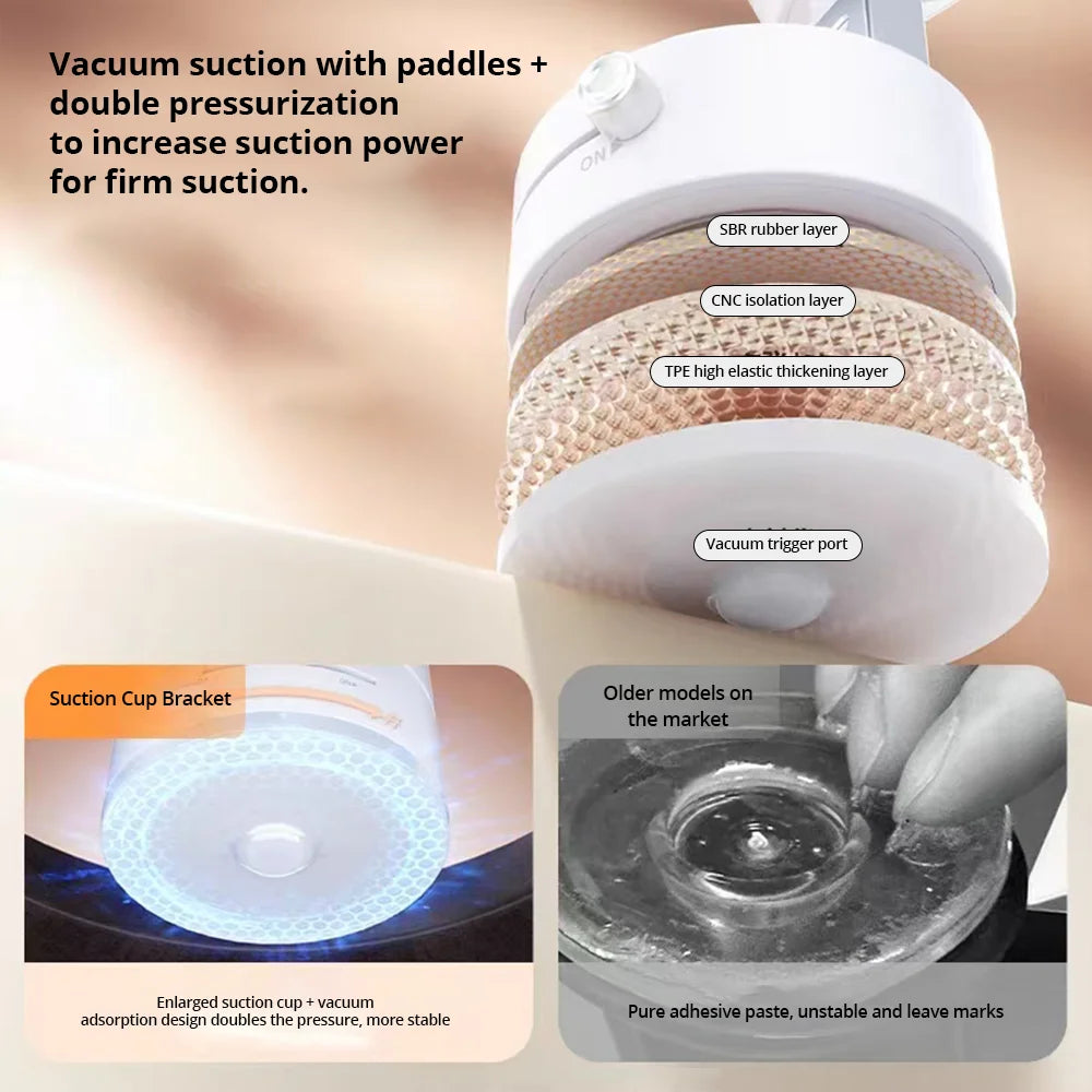 White Lamp Post 360° magnetic phone mount with vacuum suction, double-sided holder for car, gym, mirror, and smooth surfaces.