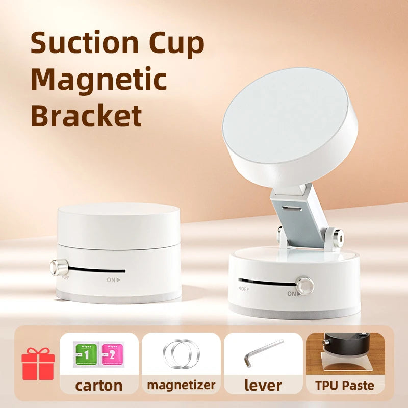 White Lamp Post 360° magnetic phone mount with vacuum suction, double-sided hands-free holder for car, gym, or smooth surfaces.