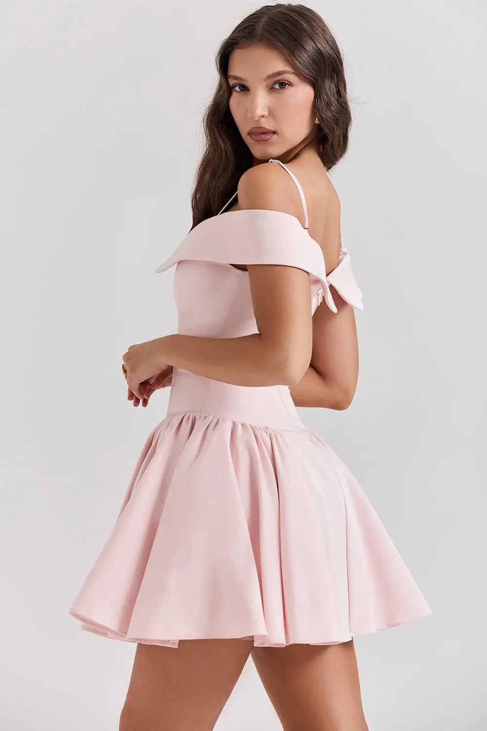 Pink romantic dress for women by Lamp Post, featuring a fitted bodice and flowing skirt, perfect for elegant occasions.
