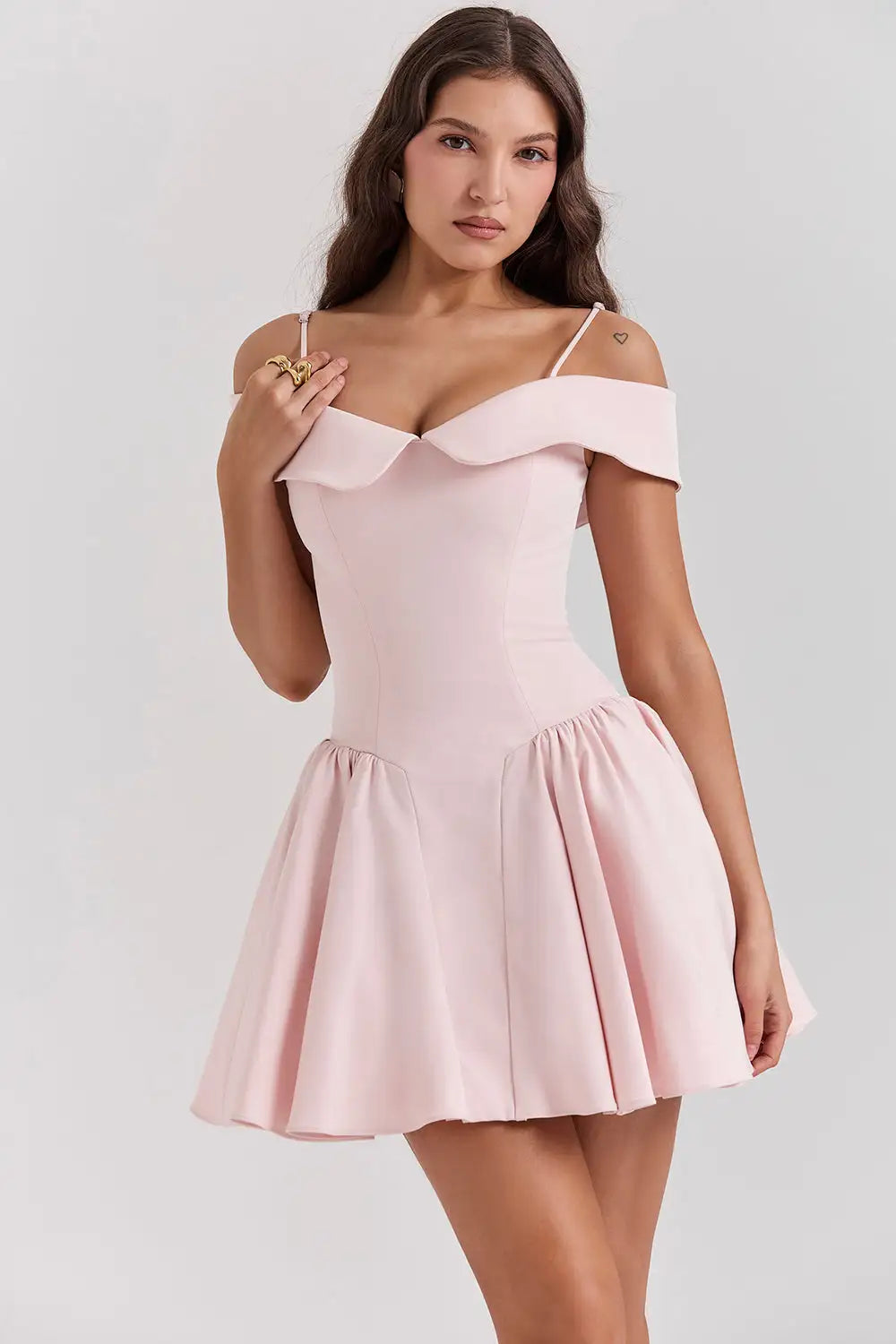 Pink romantic dress for women by Lamp Post, featuring a fitted bodice and flowing skirt, perfect for elegant occasions.