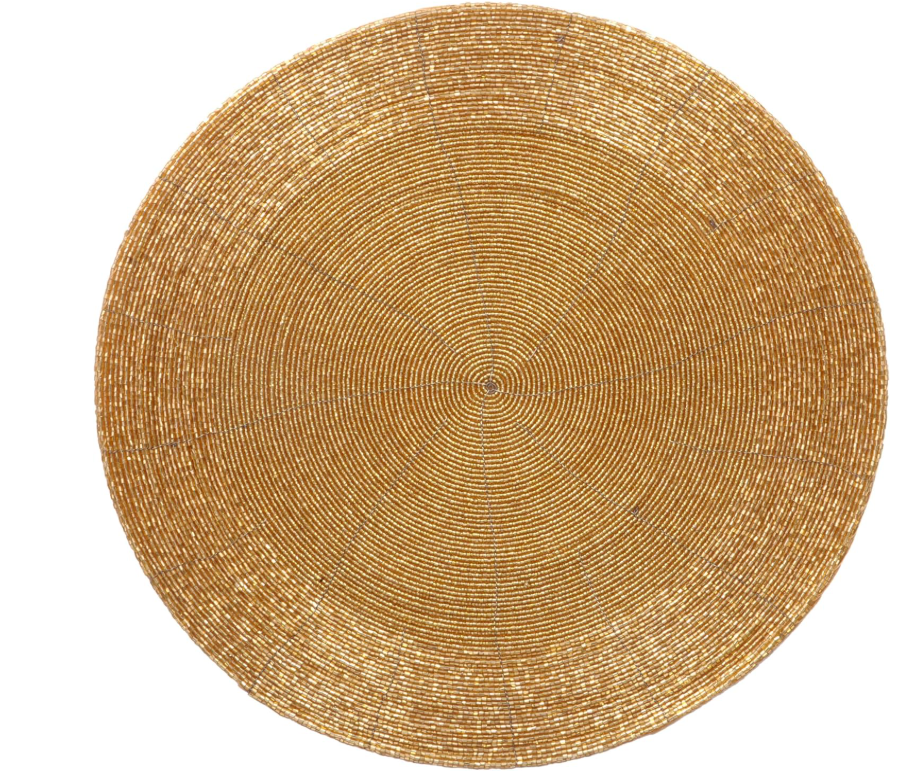 Set of four silver beaded placemats by Lamp Post, 14-inch handmade charger mats for glamorous dining table decor.