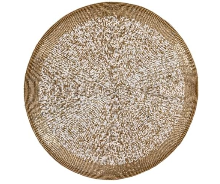 Set of four silver beaded placemats by Lamp Post, handmade 14-inch charger mats for elegant, glamorous dining table decor.
