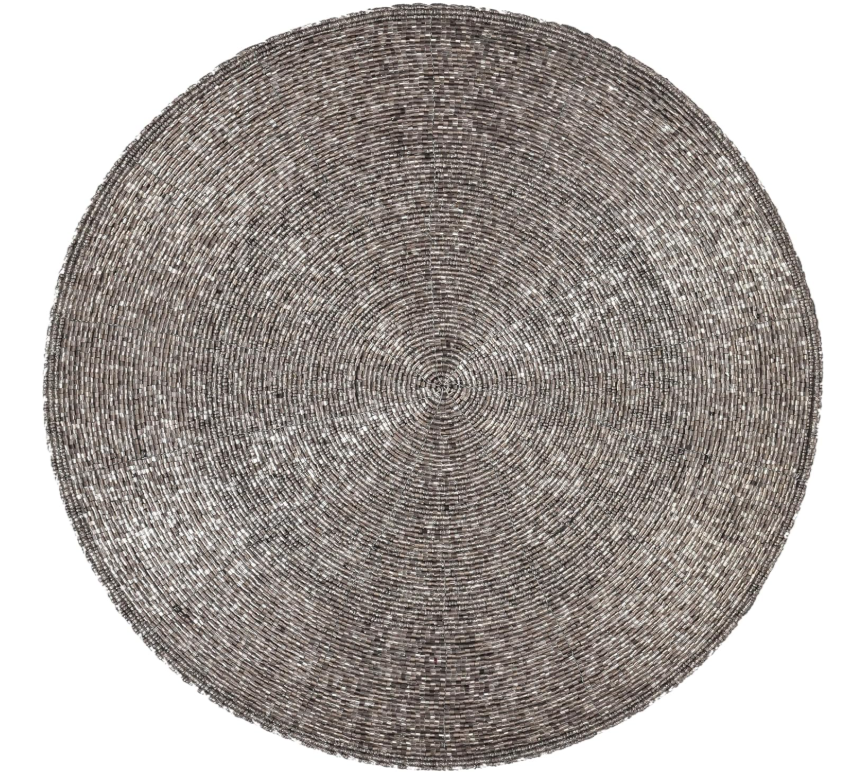 Set of four silver beaded placemats by Lamp Post, 14-inch handmade charger mats for elegant, glamorous dining table decor.