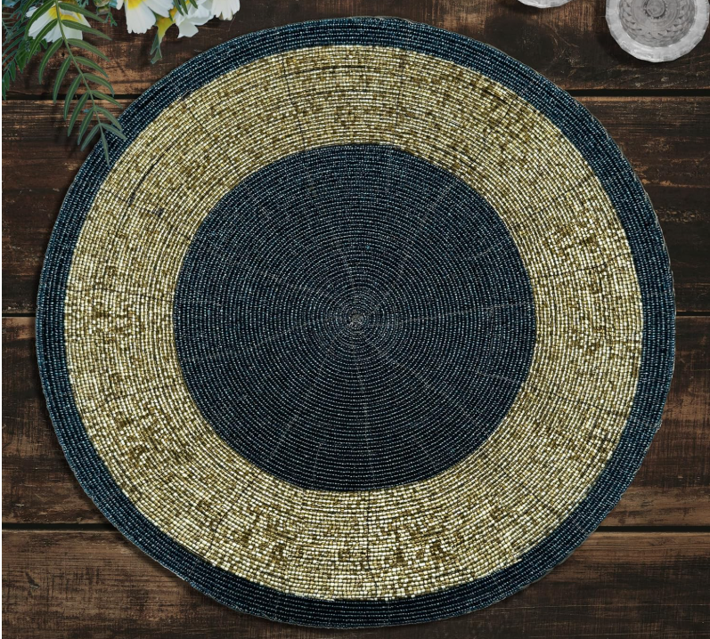 Set of four silver beaded placemats by Lamp Post, 14-inch handmade charger mats for elegant, glamorous dining table decor.