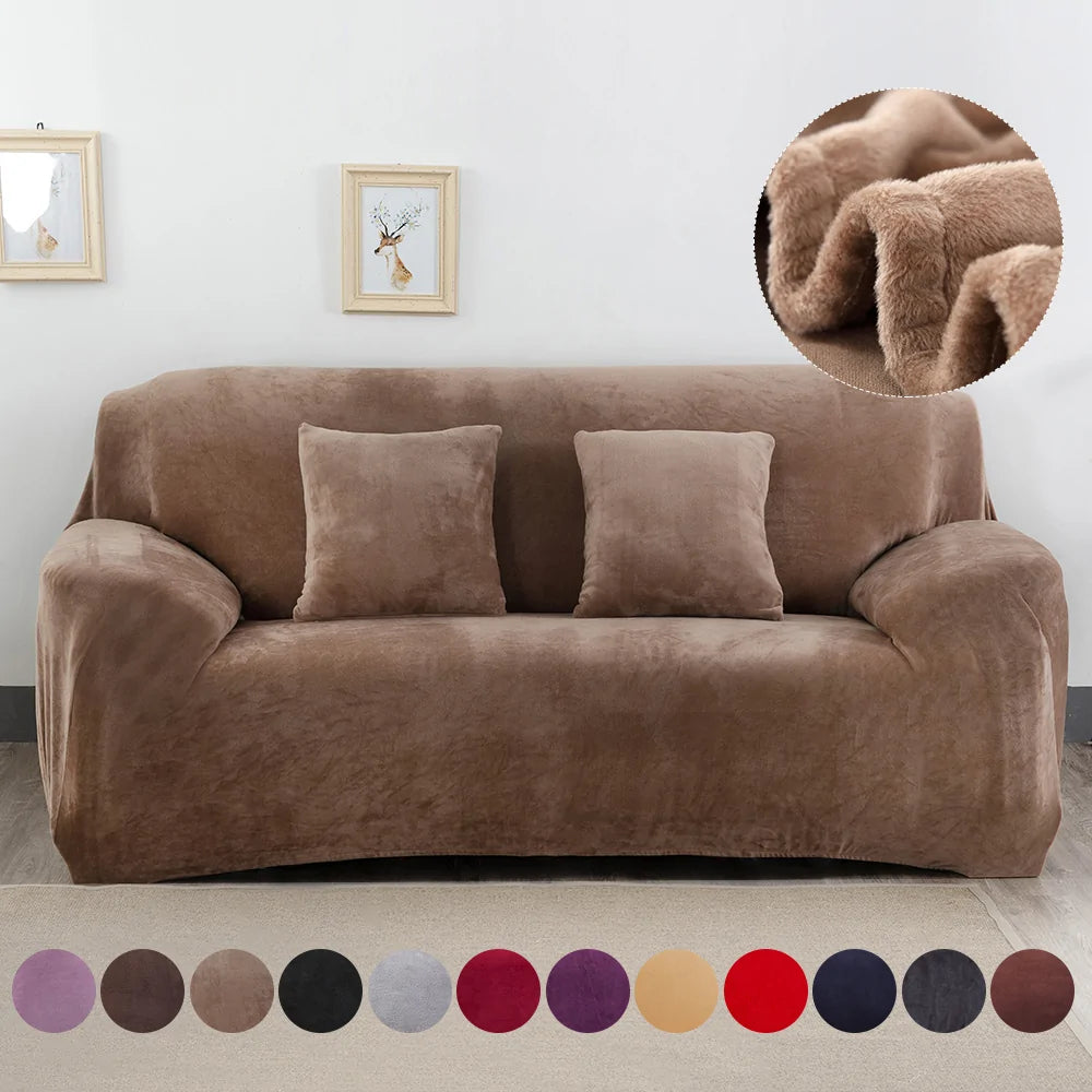 Red Lamp Post stretch sofa slipcover on a two-seat sofa, showing a fitted, elastic cover with a smooth, tailored appearance.