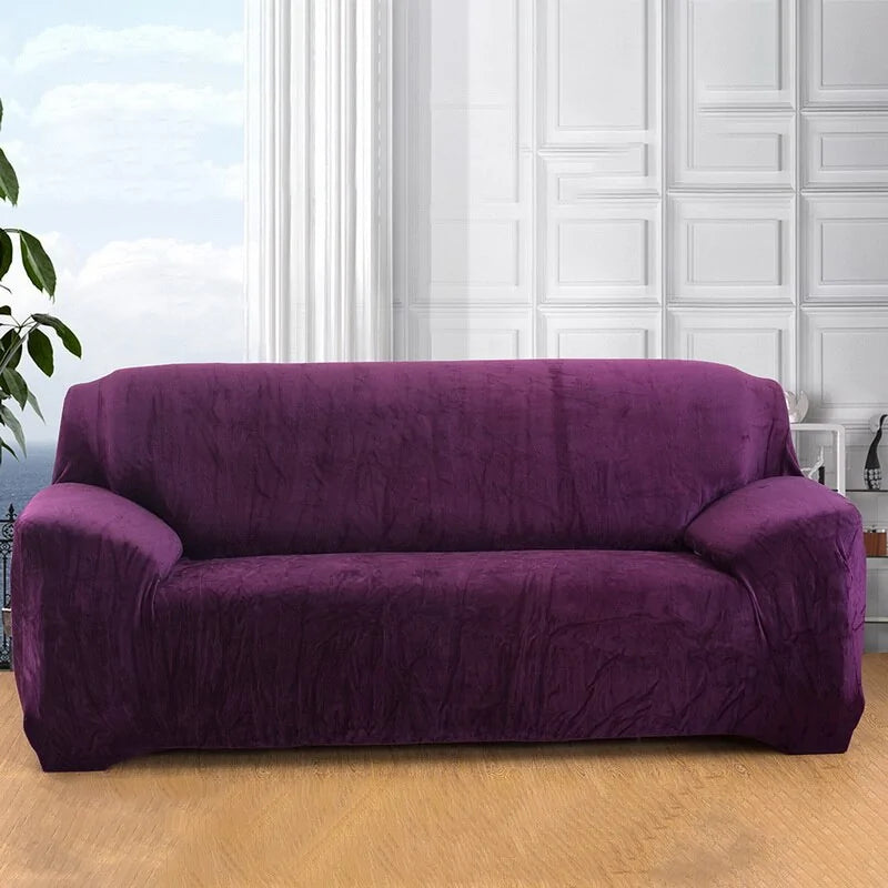 Red Lamp Post stretch sofa slipcover on a 1-2 seat sofa, showcasing snug fit and durable fabric for sofa protection.