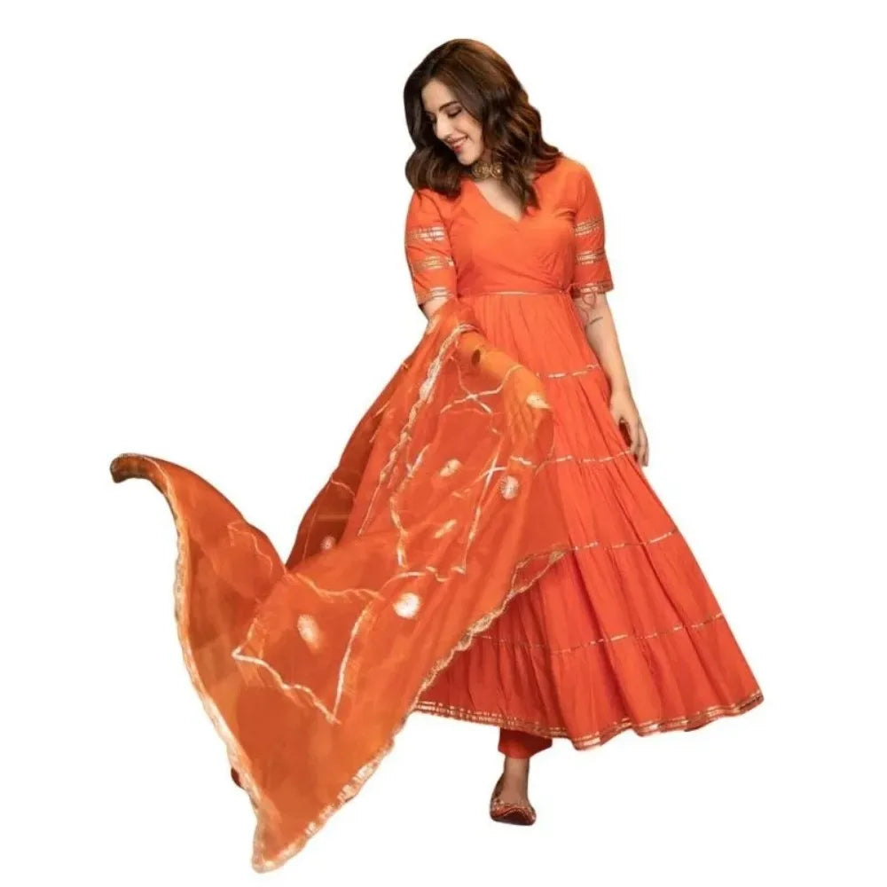 Red women kurti with matching pants and dupatta set from Lamp Post, featuring traditional design and comfortable fit.