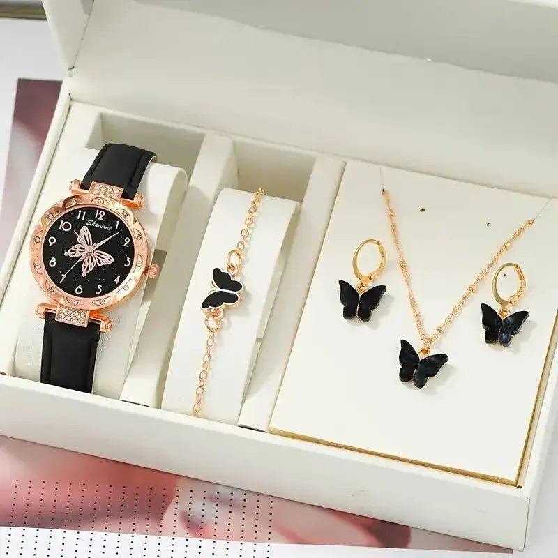 Luxury Rhinestone Butterfly Watch Set by Lamp Post featuring a red watch with rhinestone accents and butterfly design.