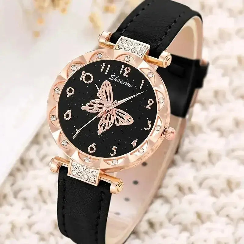 Luxury Rhinestone Butterfly Watch Set by Lamp Post featuring a red watch with rhinestone butterfly accents and matching jewelry.