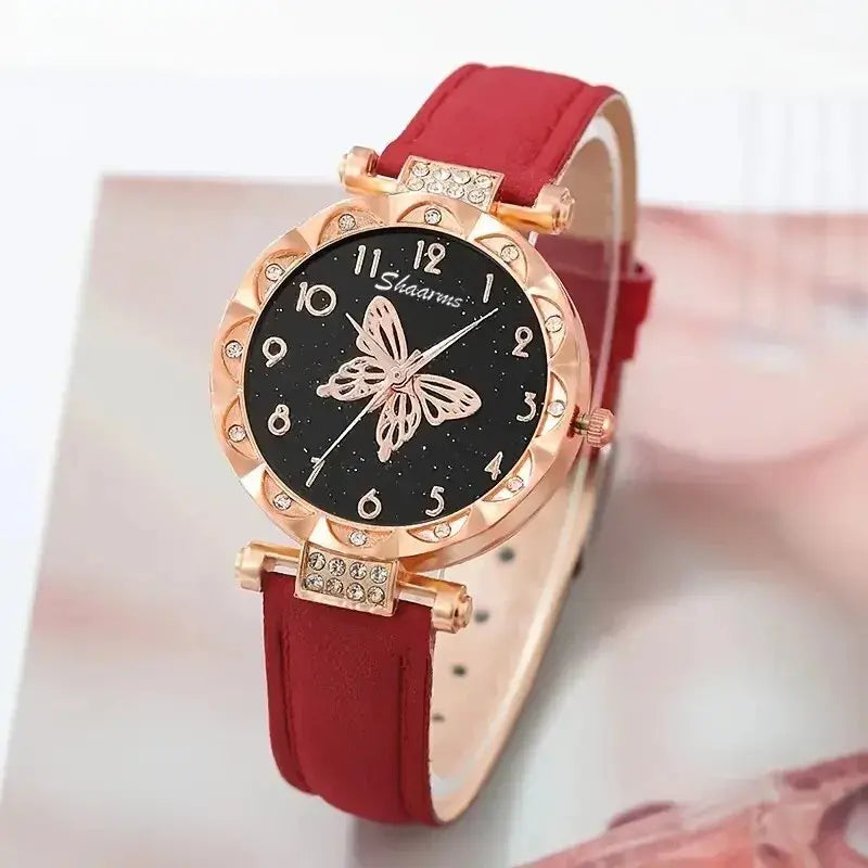 Luxury Rhinestone Butterfly Watch Set by Lamp Post featuring a red watch with butterfly embellishments and sparkling rhinestones.