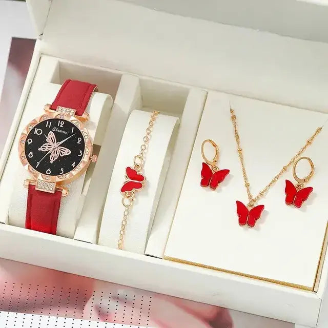 Luxury Rhinestone Butterfly Watch Set by Lamp Post featuring a sparkling butterfly-shaped watch and matching jewelry.