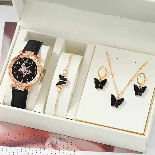 Luxury Rhinestone Butterfly Watch Set by Lamp Post featuring a red watch with butterfly embellishments and matching jewelry.