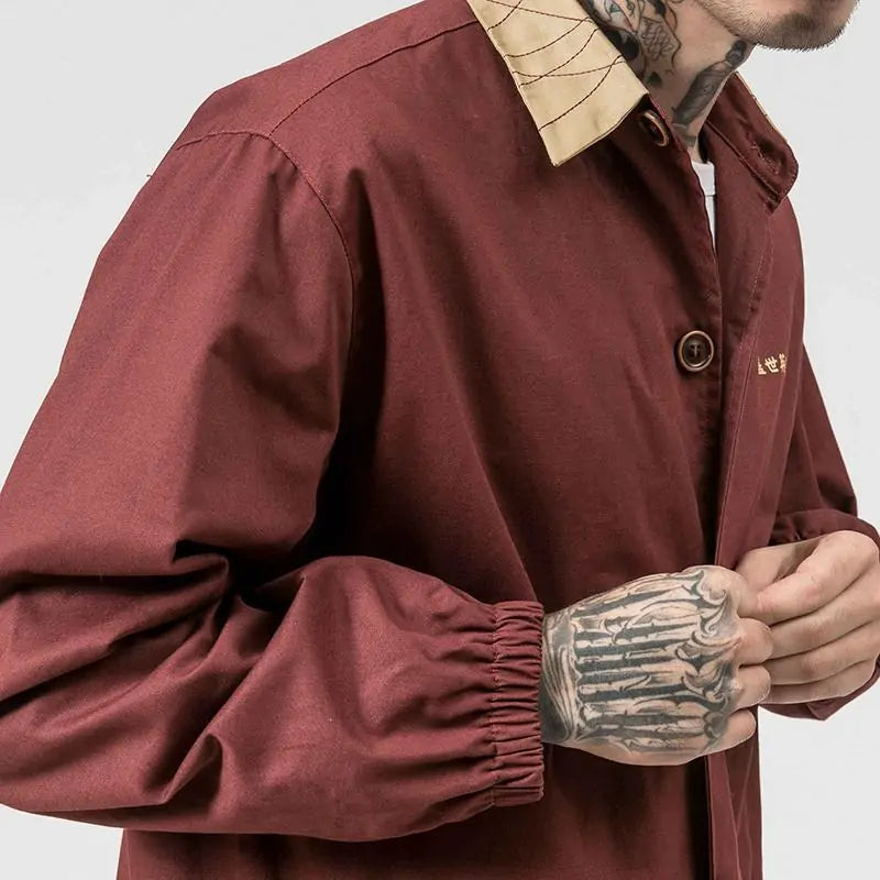 Red men's fashion jacket by Lamp Post, stylish outerwear with a modern fit and casual design, suitable for everyday wear.