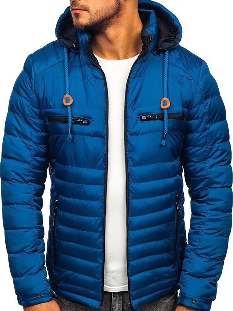 Red waterproof hooded warm jacket by Lamp Post, shown in a small size, designed for outdoor insulation and weather protection.