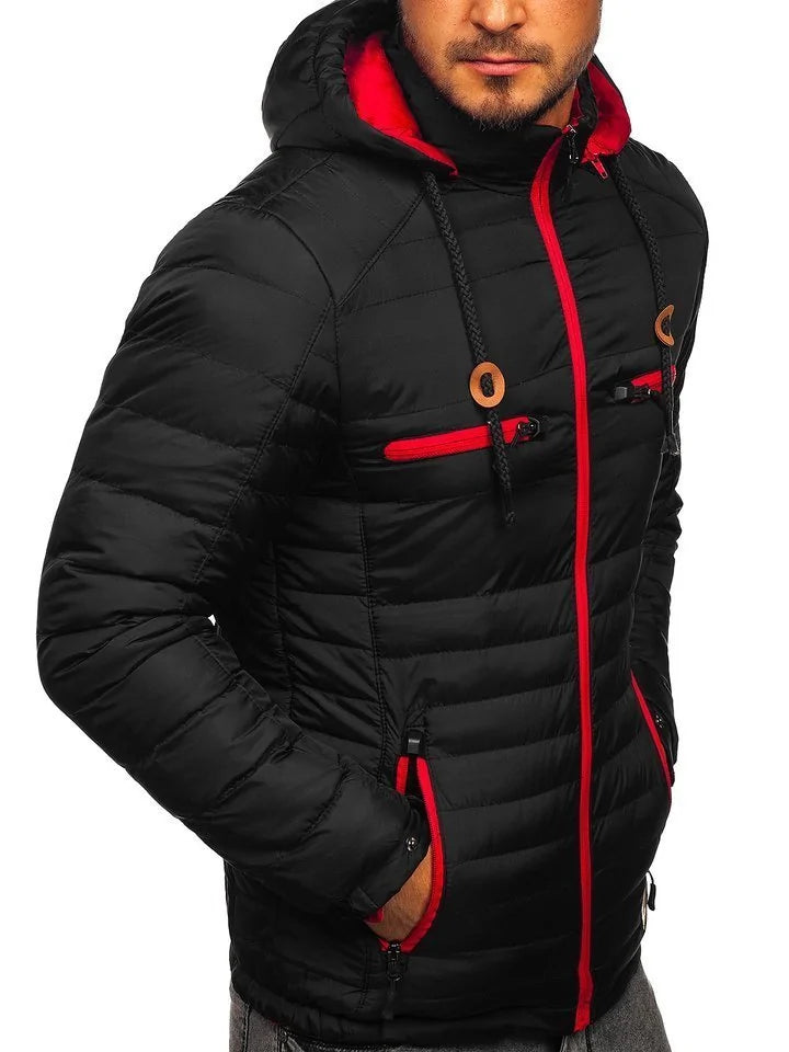 Red waterproof hooded warm jacket by Lamp Post, shown in a small size with a cozy hood and durable outdoor fabric.