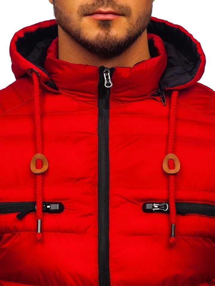 Red waterproof hooded warm jacket by Lamp Post, showing front view with adjustable hood and cozy insulation for cold weather.