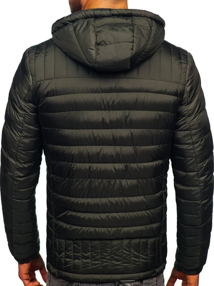 Red waterproof hooded warm jacket by Lamp Post, lightweight and insulated, suitable for cold and rainy weather.