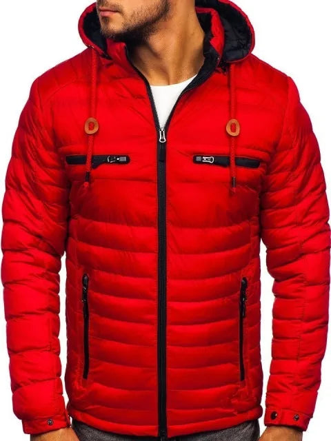 Red waterproof hooded warm jacket by Lamp Post, lightweight and cozy outdoor outerwear with a front zipper and adjustable hood.