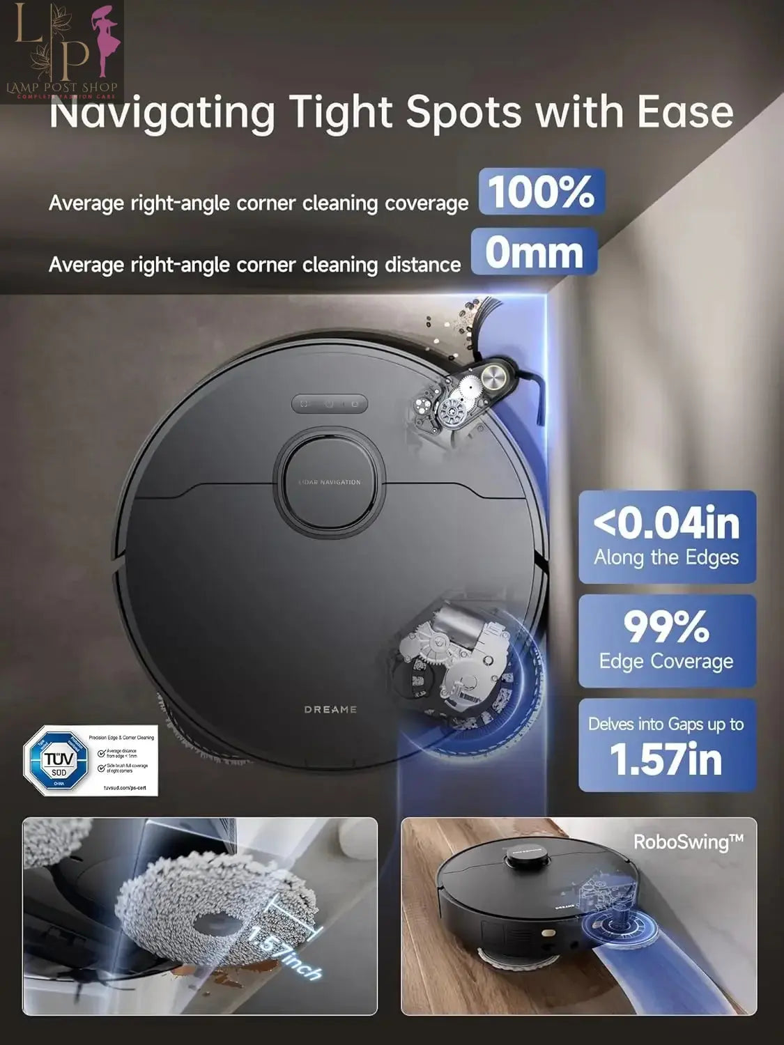 Lamp Post robotic vacuum cleaner in black with liftable mop, 12000Pa suction, side brush for effective carpet cleaning.