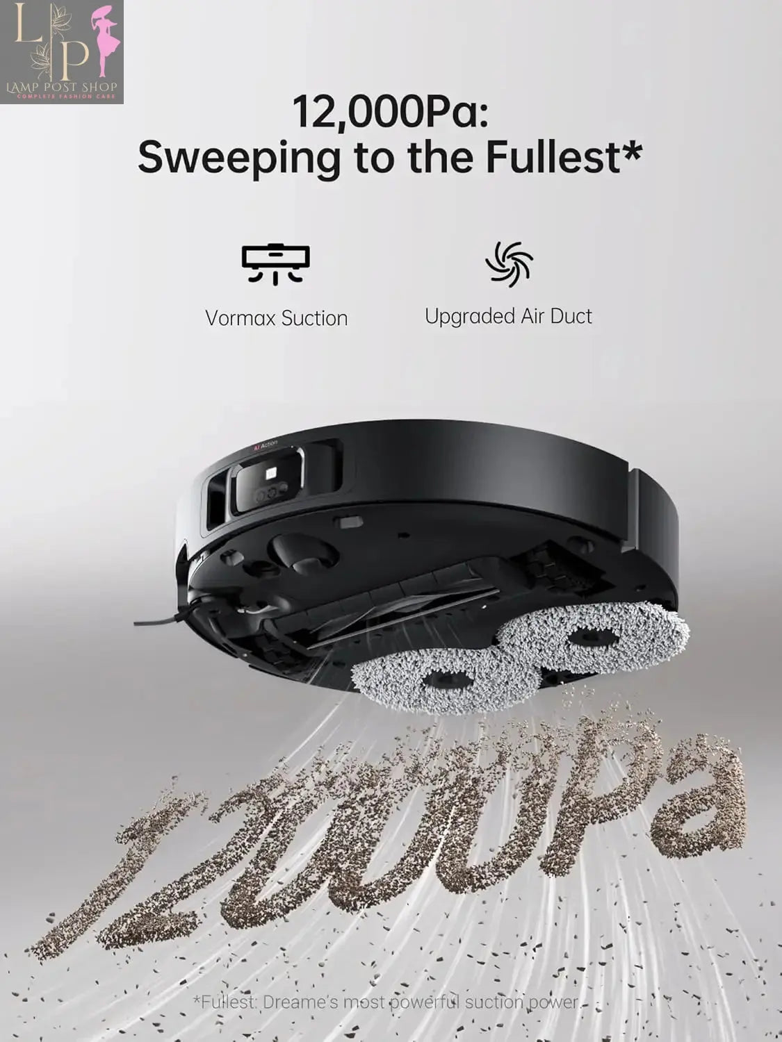 Lamp Post robotic vacuum cleaner in black with liftable mop, 12000Pa suction, side brush for carpets and hard floors.