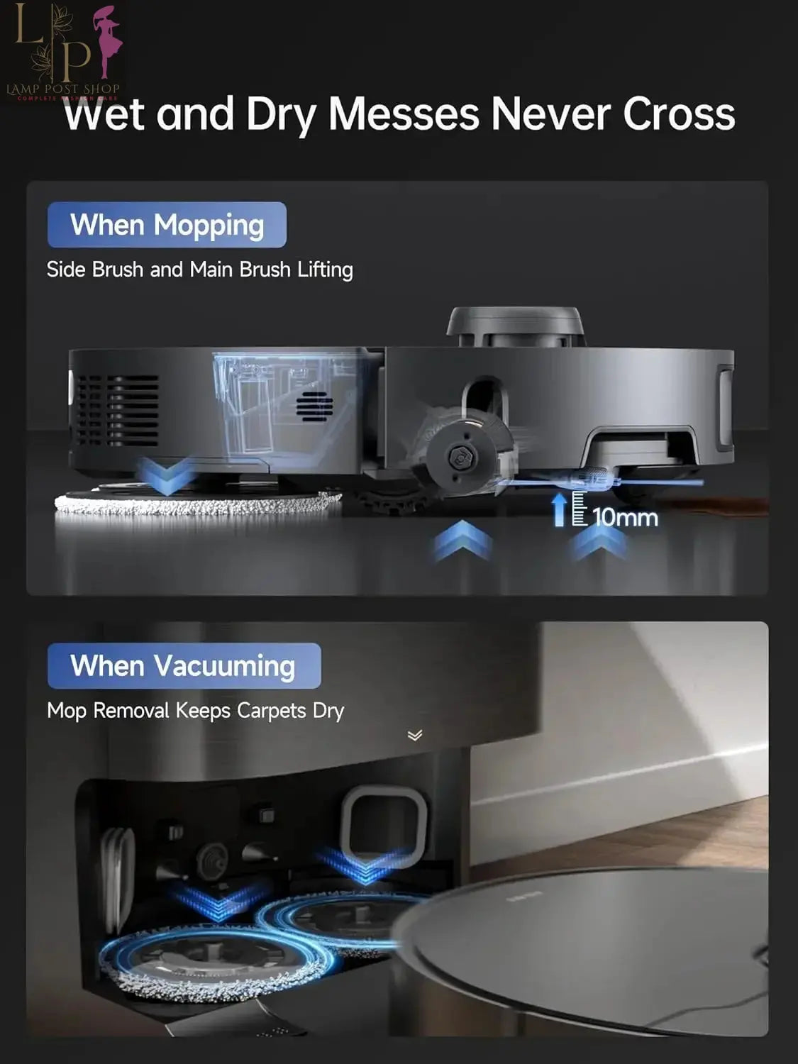 Lamp Post robotic vacuum cleaner with liftable mop, 12000Pa suction, side brush, black automatic vacuum for carpets.