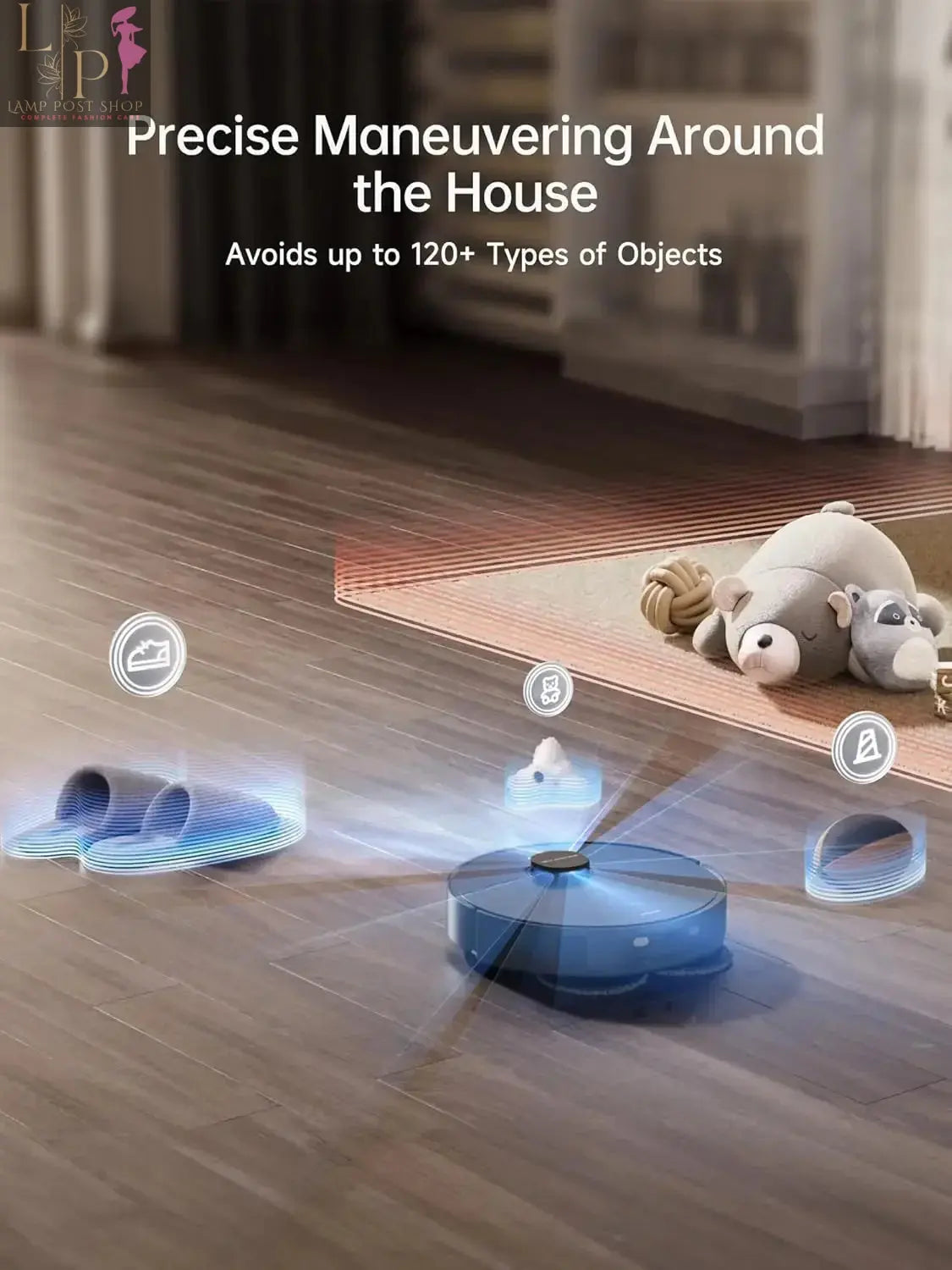 Black Lamp Post robotic vacuum cleaner with liftable mop, 12000Pa suction, side brush, designed for carpets and automatic cleaning.