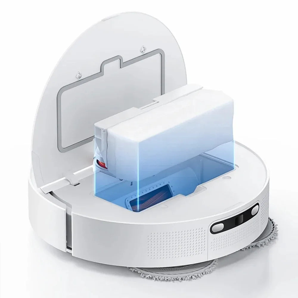 Lamp Post Robot Vacuum Cleaner with Mop, 6000PA suction, LDS laser navigation, in black, demonstrating its sleek design and cleaning features.