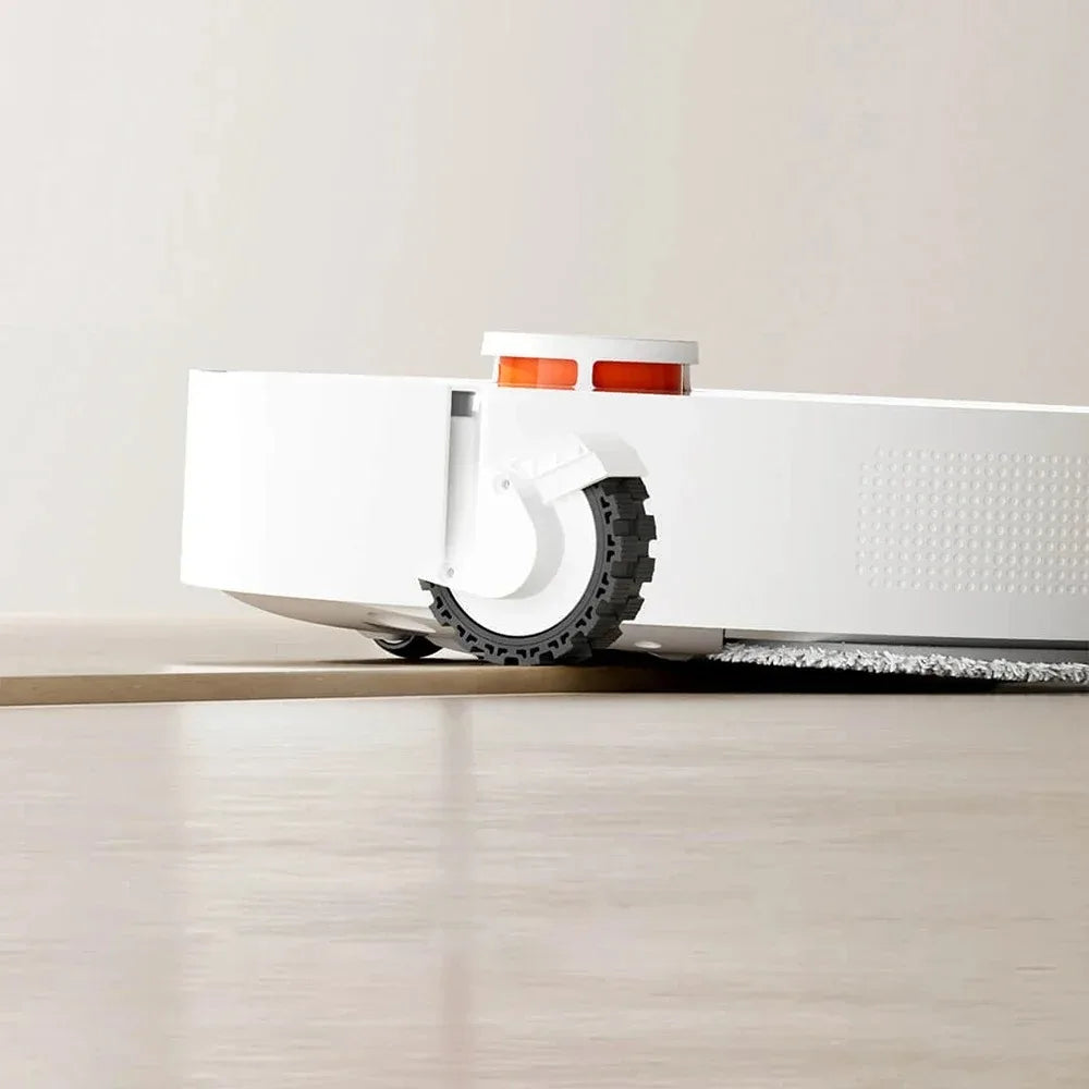 Lamp Post Robot Vacuum Cleaner Mop with 6000PA suction and LDS laser navigation, shown on a hardwood floor.