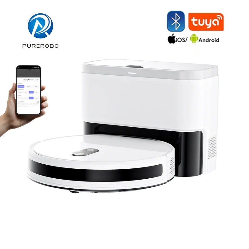 Lamp Post robot vacuum cleaner for hardwood floors, black, with automatic, timed cleaning and voice announcement feature.