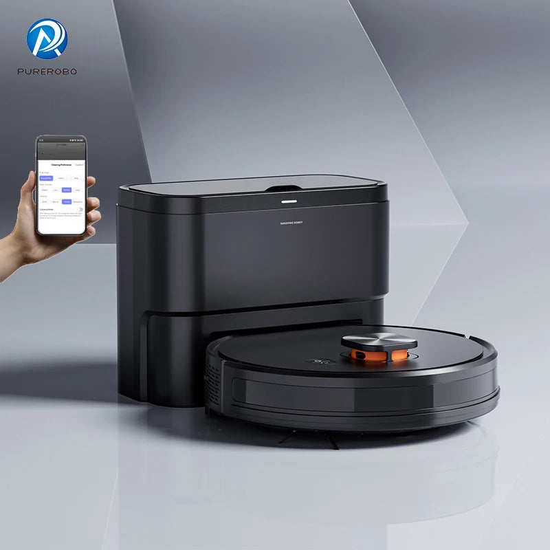 Lamp Post robot vacuum cleaner for hardwood floors, black, automatic cleaning with voice announcement and timed recharge feature.