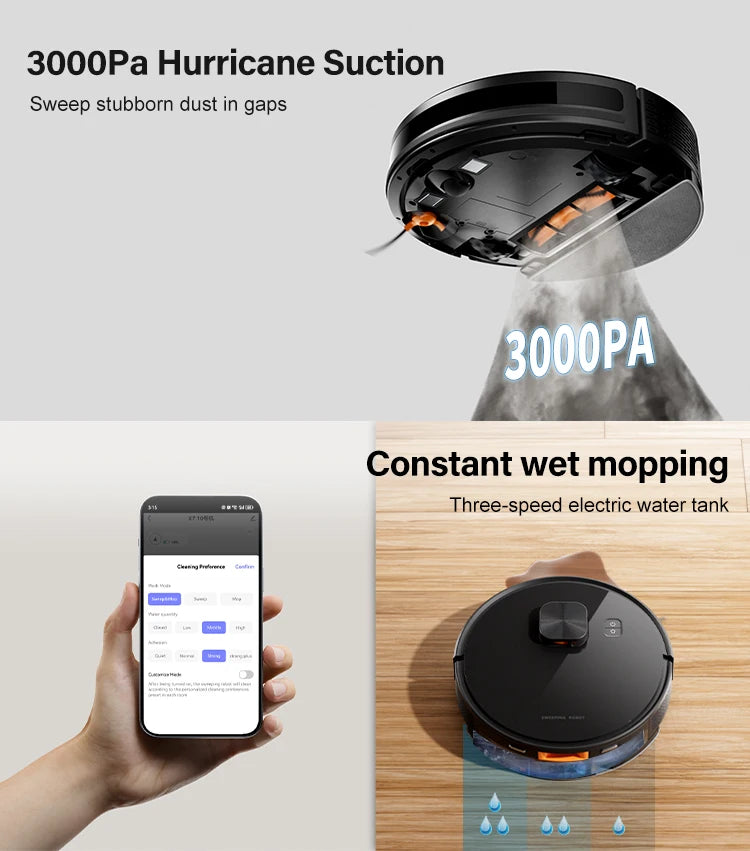 Lamp Post robot vacuum cleaner for hardwood floors, black automatic sweeper with voice announcement and timed cleaning features.