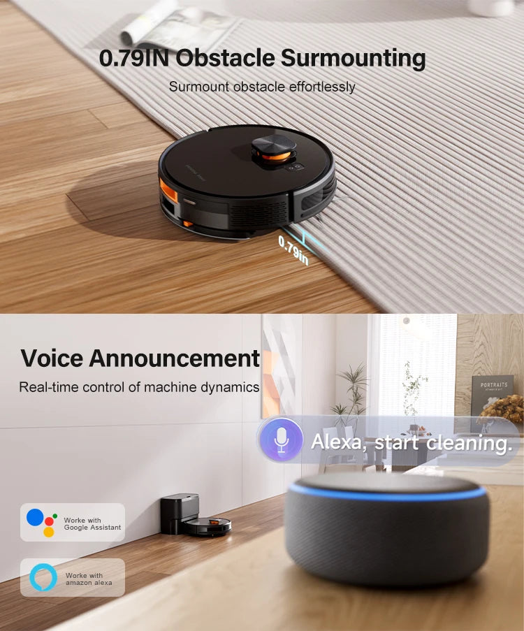 Lamp Post robot vacuum cleaner in black for hardwood floors, with automatic, timed cleaning and voice announcement features.