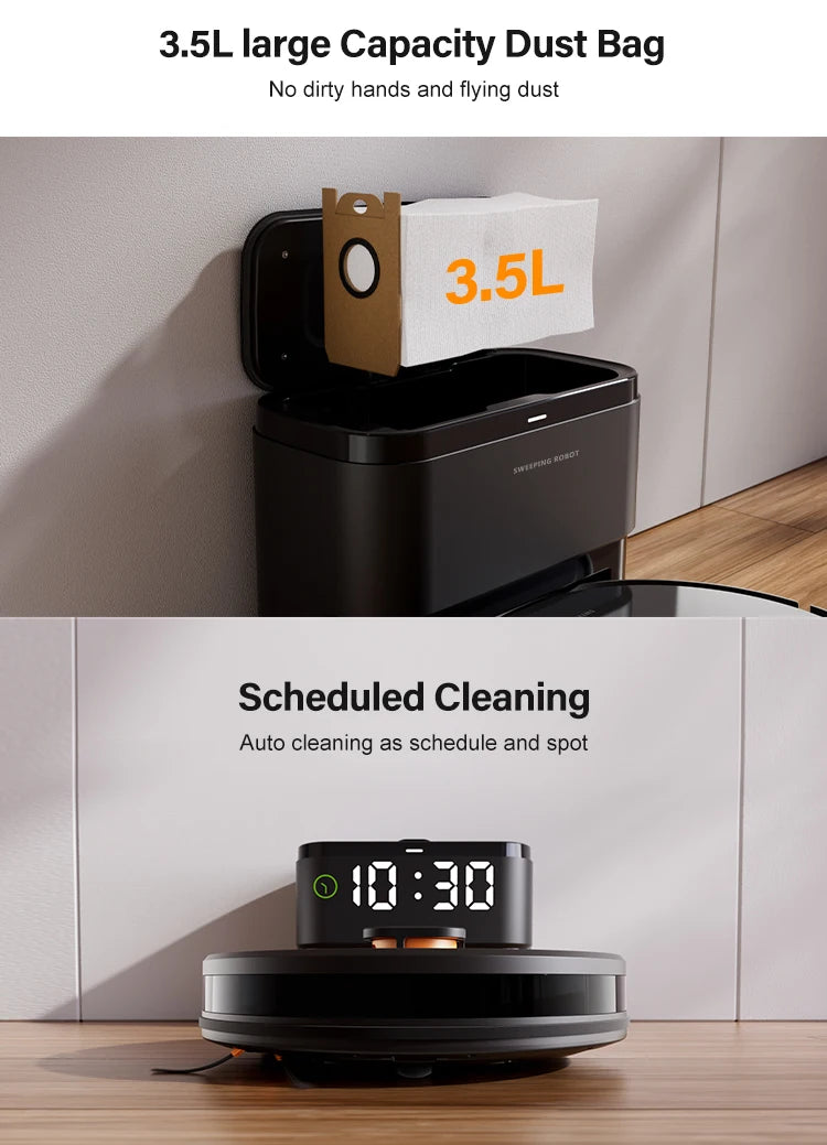 Lamp Post robot vacuum cleaner for hardwood floors, black automatic cleaner with voice announcement and timed, recharge, bookable cleaning.