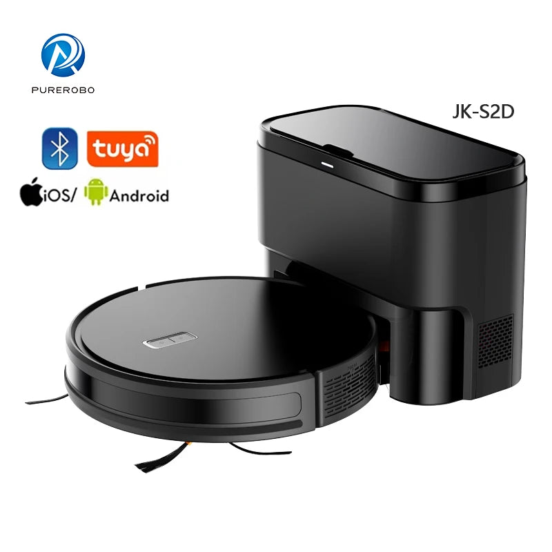 Lamp Post robot vacuum cleaner for hardwood floors, black smart sweeper with voice announcement and automatic, timed cleaning features.