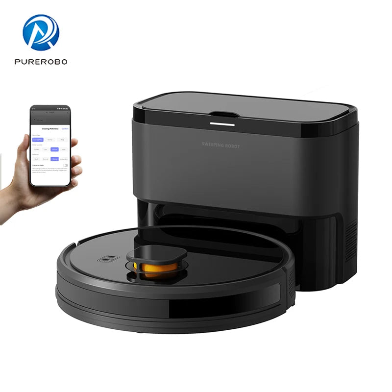 Lamp Post Robot Vacuum Cleaner in black, designed for hardwood floors, features automatic, timed cleaning with voice alerts and recharge.