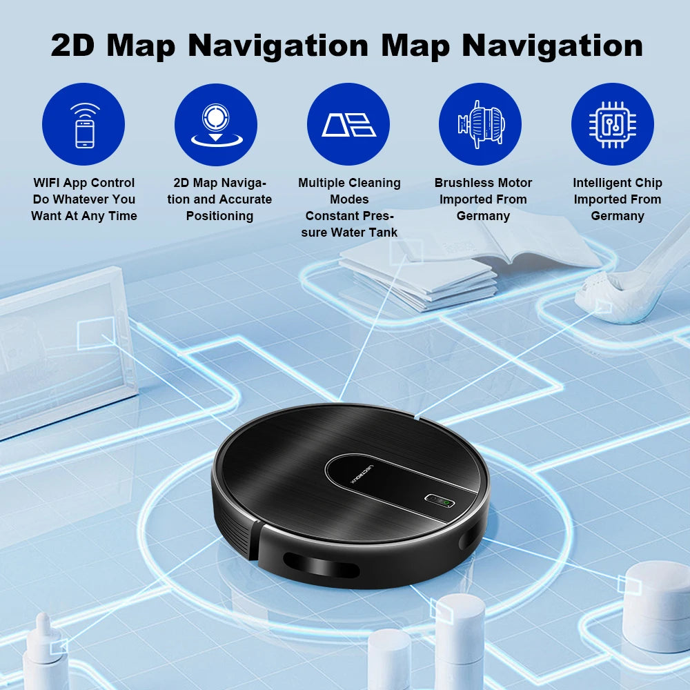 Lamp Post robot vacuum cleaner with wet mop, smart mapping, WiFi app, brushless motor, ideal for pet hair, black color.