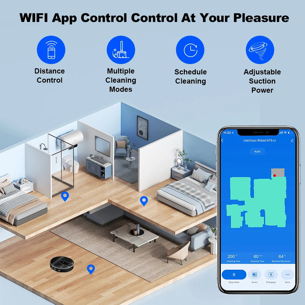 Lamp Post robot vacuum cleaner and wet mop combo with smart mapping, WiFi app control, brushless motor, ideal for pet hair cleaning.