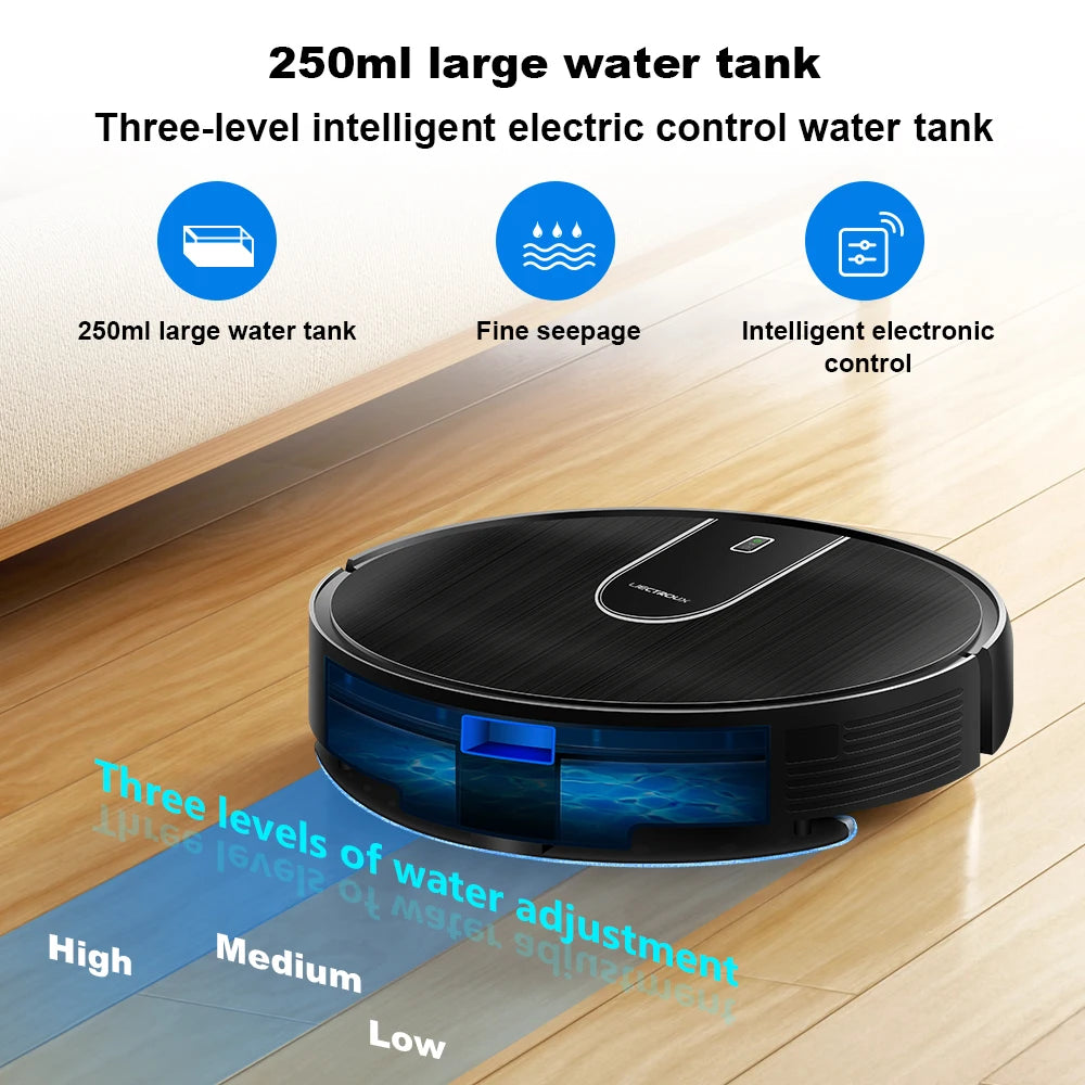 Lamp Post robot vacuum cleaner with wet mop, smart mapping, WiFi app, brushless motor, ideal for pet hair in black.