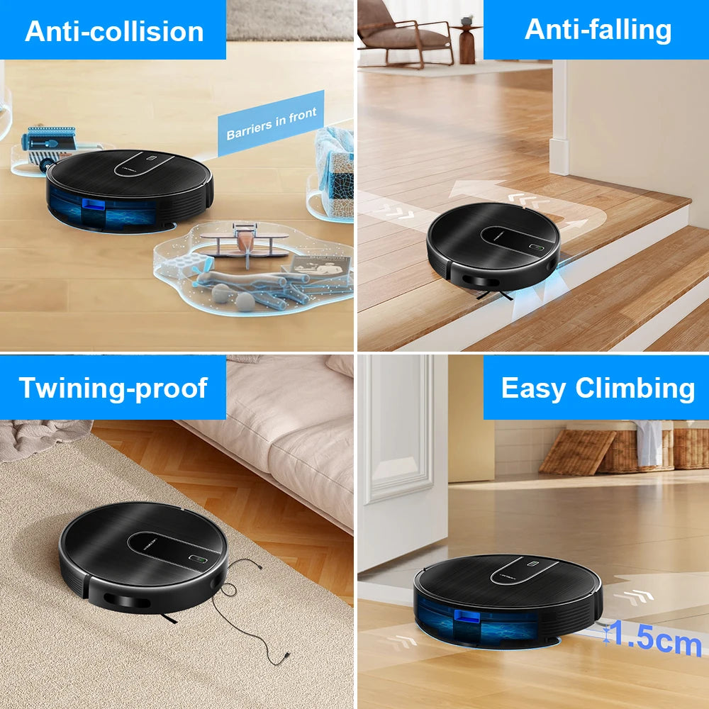 Lamp Post robot vacuum cleaner with wet mop combo, smart mapping, WiFi app, brushless motor, ideal for pet hair in black.
