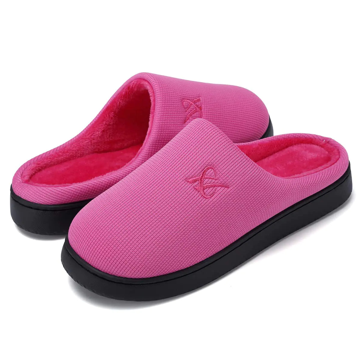 Pink fuzzy slippers for women by Lamp Post, soft and cozy with plush material, designed for comfort and warmth.