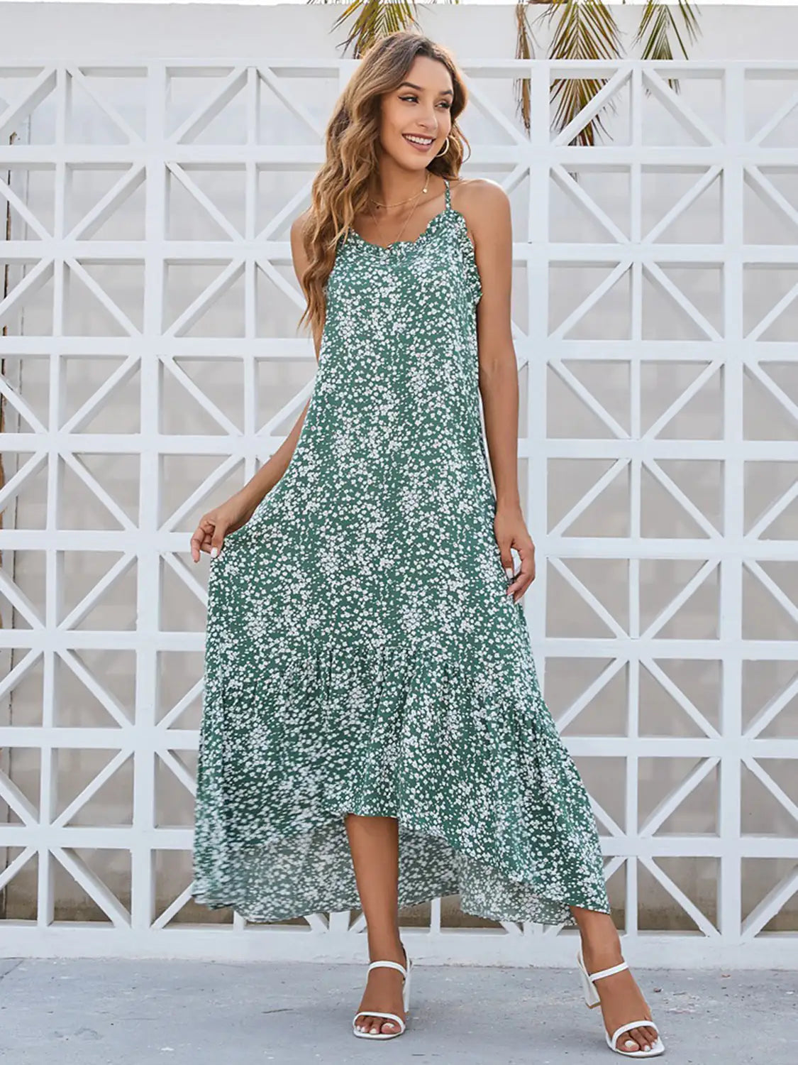 Sage green Ditsy Floral female dress by Lamp Post featuring a feminine, flowing design and floral pattern.