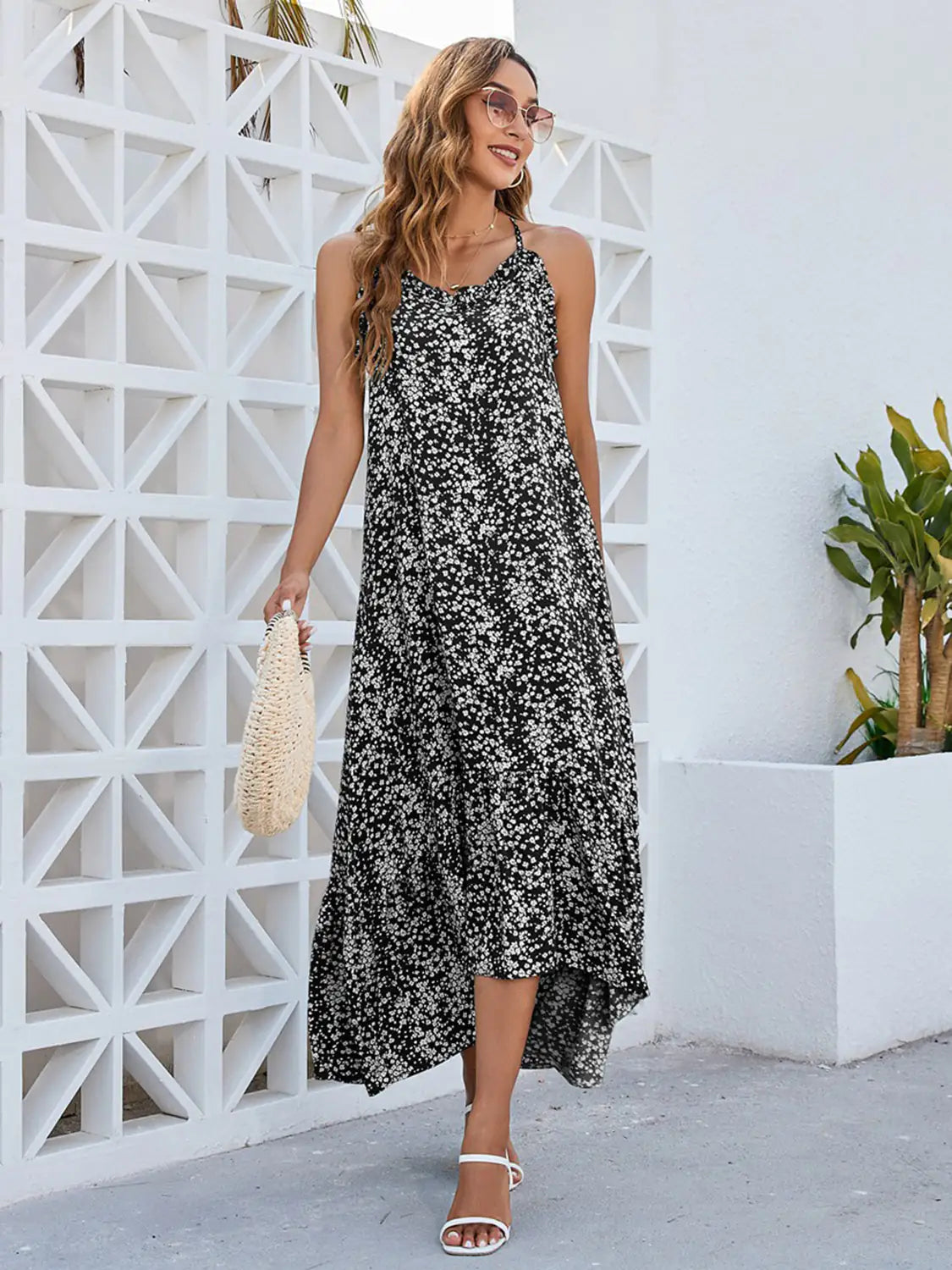 Sage green Ditsy Floral female dress by Lamp Post with a flowy silhouette and delicate floral pattern.