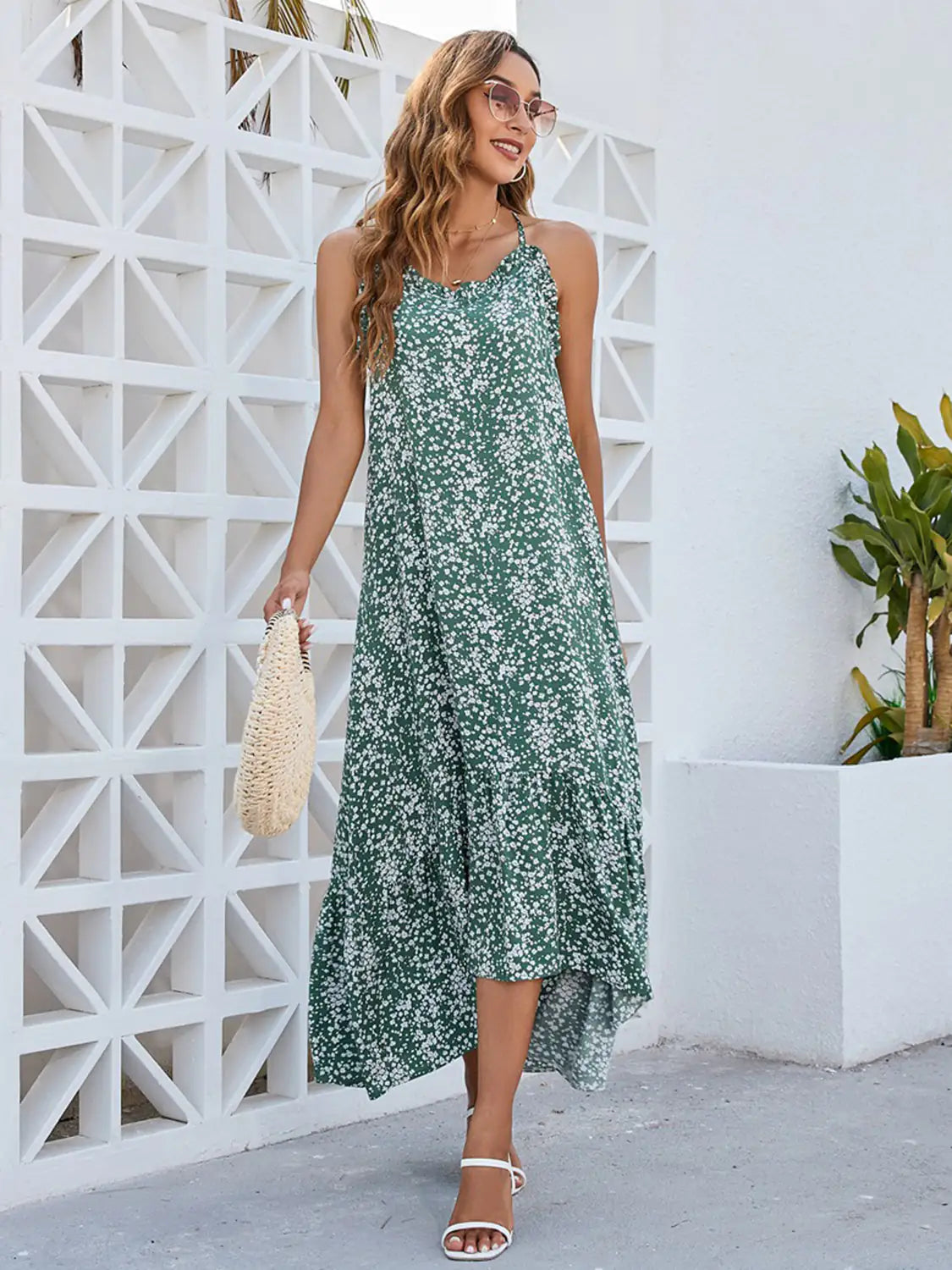 Sage green Ditsy Floral female dress by Lamp Post featuring a lightweight fabric and feminine floral pattern.