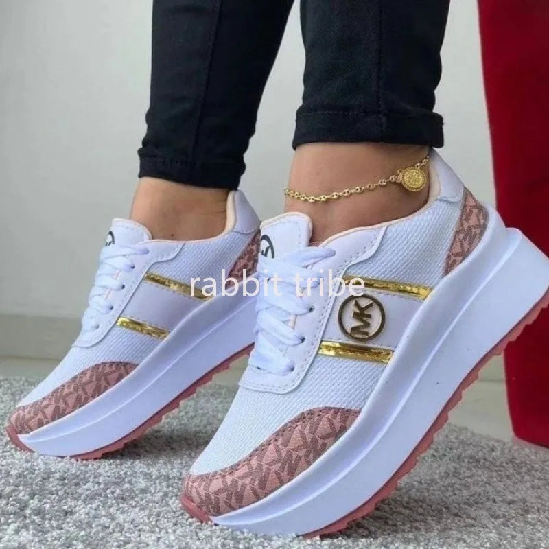 Pink lightweight women's casual shoes by Lamp Post with color block design, lace-up vulcanized sole, stylish and comfortable.